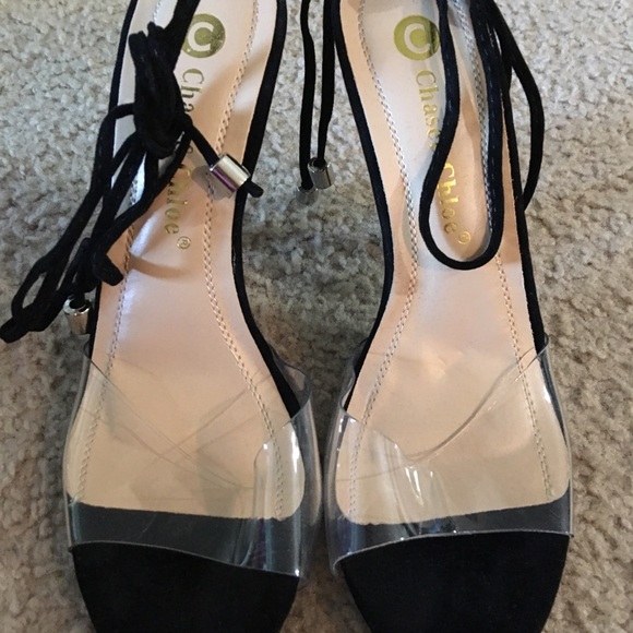 Brand New Black/Clear Tie Up Heels Sz 7 - Picture 2 of 3